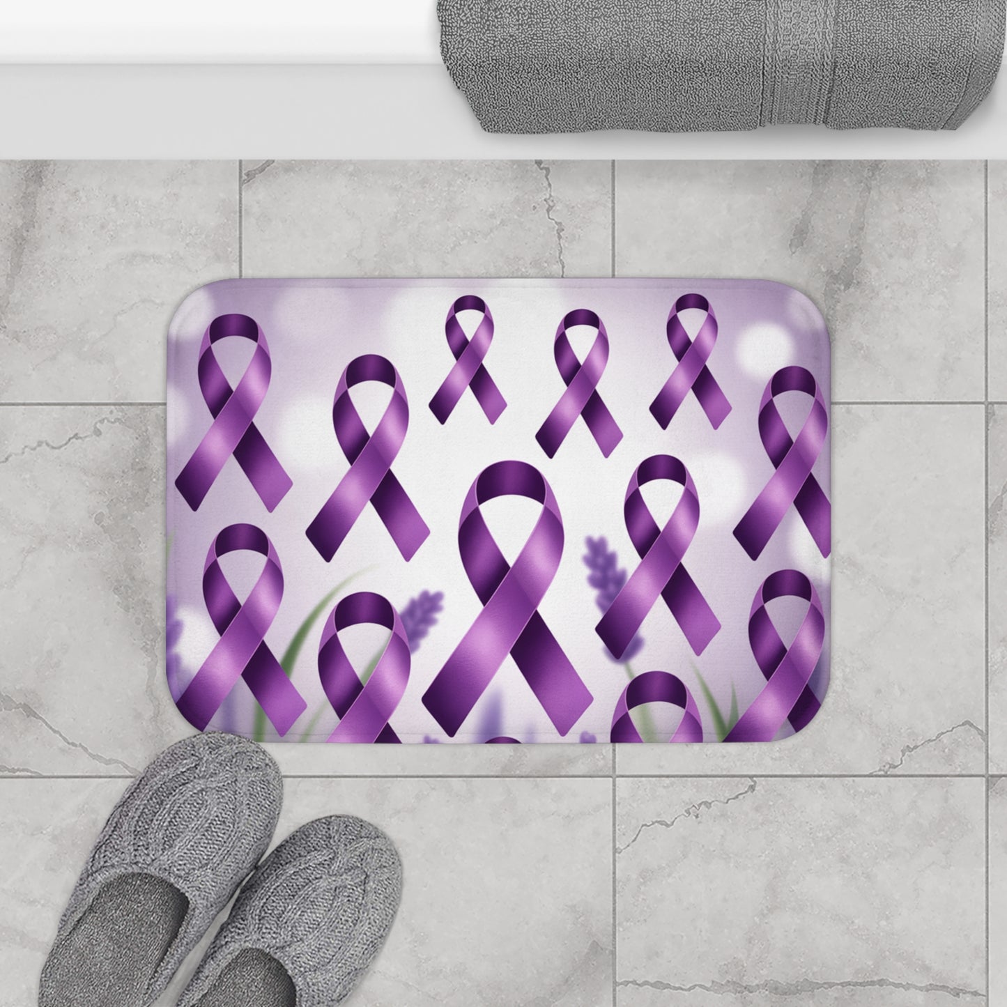 Purple Awareness Ribbon Bath Mat, Supportive Home Decor, Gift for Cancer Awareness, Inspirational Bathroom Accessory, Purple Ribbon Decor